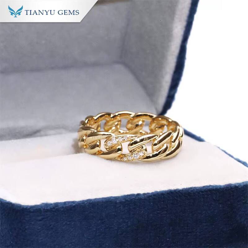 Tianyu Gems 6mm Cuban Link Ring Wedding Band Round Cut Moissanite Colorless Diamonds 18k 14k 10k Yellow Gold Rings for Male