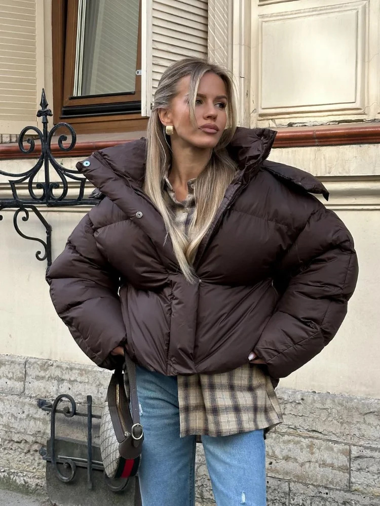 Deep Brown Short Cotton Coat Women Casual Lapel Full Sleeve Single Breasted Loose Jacket Lady Winter Office Commute Outwear 251027