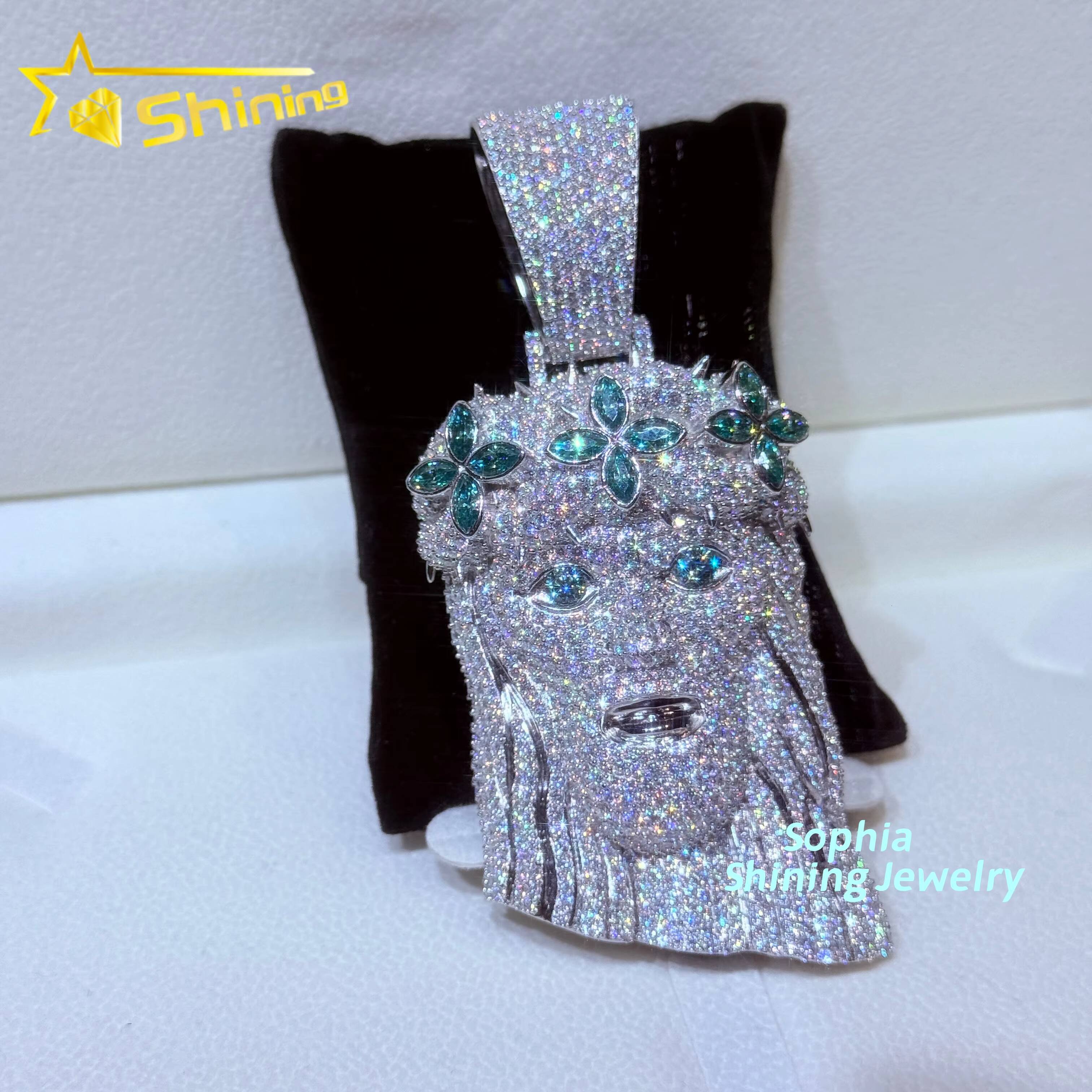 Hot Sale Personalized 3D Design Hip Hop Jewelry Men Iced Out Soild Back Pendant Colored Stone Moissanite Jesus Pendant