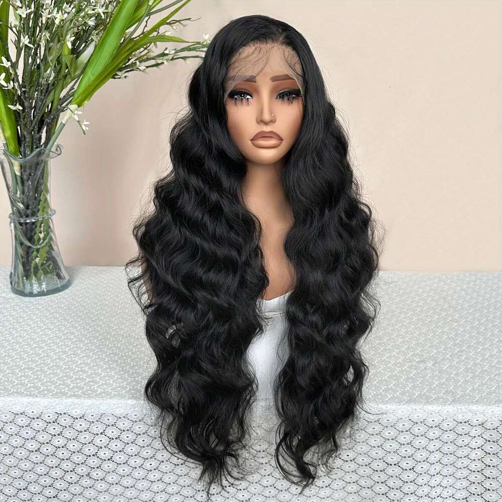 Daily Wear Elegant 32" Black Body Wave Lace Front Wig Women 13X6 Transparent, Adhesive Synthetic Hair With Loose Waves, Perfect