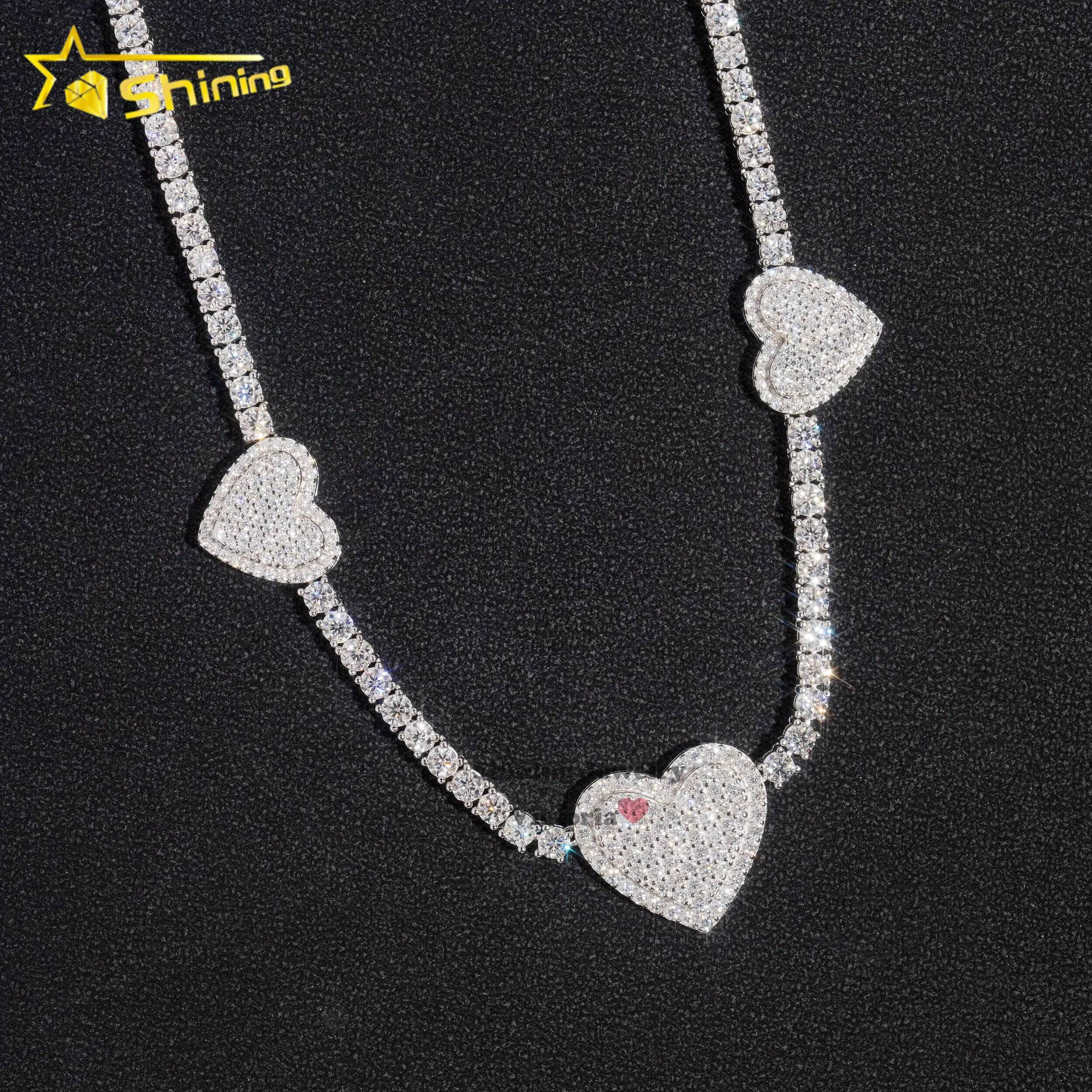 New Heart Collection Mens 3MM Gold Plated 925 Sterling Silver VVS Moissanite Diamond Iced Out Tennis Necklace Heart Pendant