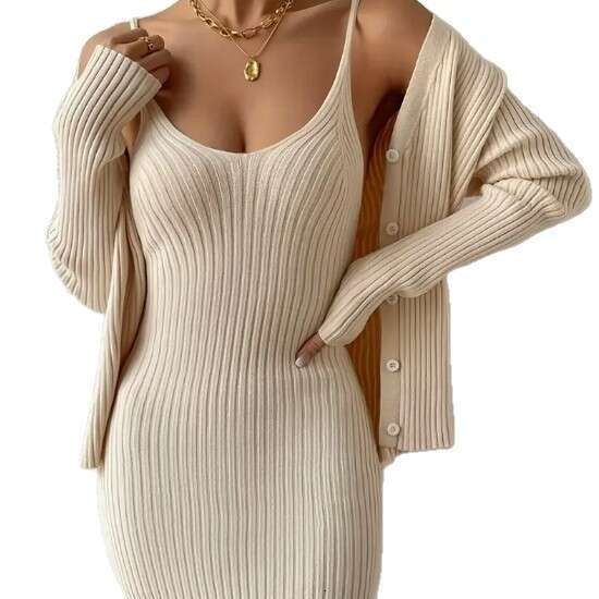 Autumn Winter New Solid Color Slim Fit Camisole Knitted Sweater Homewear Nightdress Two-Piece Set For Women 9868