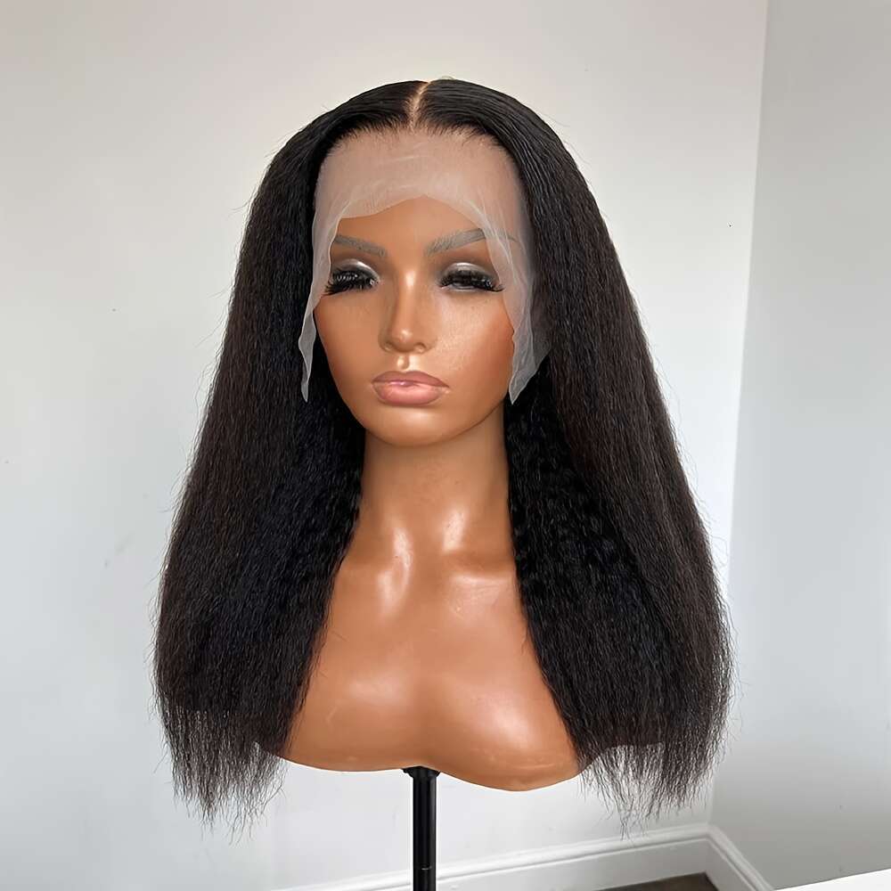 1Pc Elegant 30-Inch Long Yaki Kinky Straight Wig In Natural Black - 180% Density, Deep Lace Front, High-Temperature Synthetic Fiber, Versatile Style