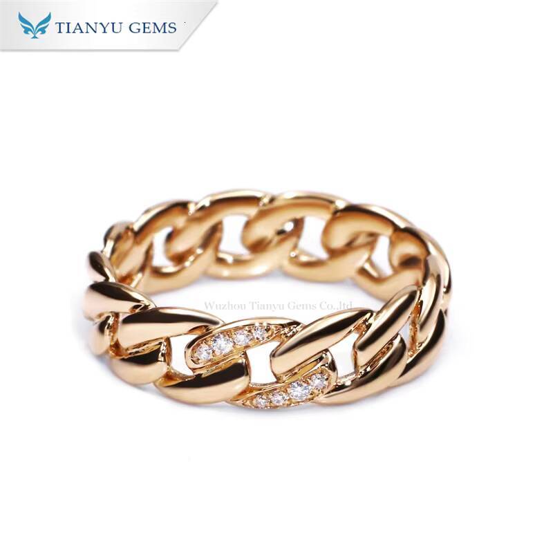 Tianyu Gems 6mm Cuban Link Ring Wedding Band Round Cut Moissanite Colorless Diamonds 18k 14k 10k Yellow Gold Rings for Male