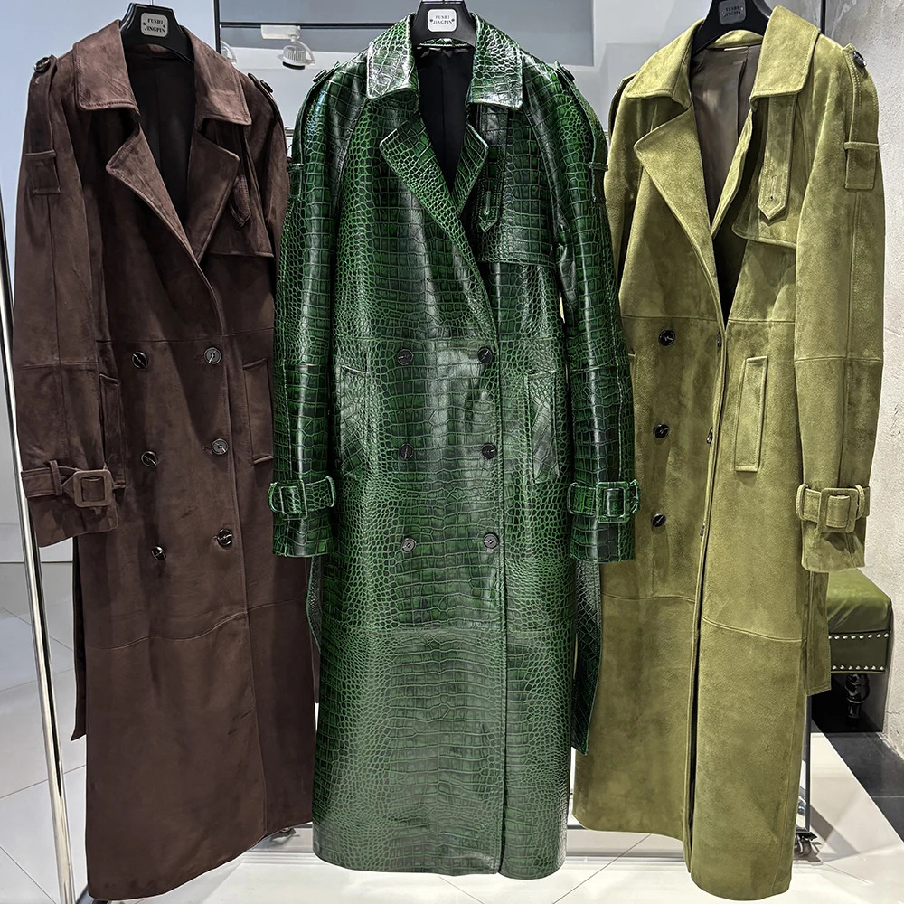 YOLOAgain Double Breasted Suede Jacket Coat Women Real Leather Trench 251027