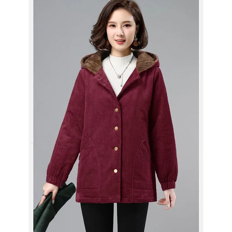 Women Corduroy Jackets Autumn Winter Solid Loose Coat Female Casual MiddleAged Plus Velvet Warm Hooded Ladies Overcoat 251027