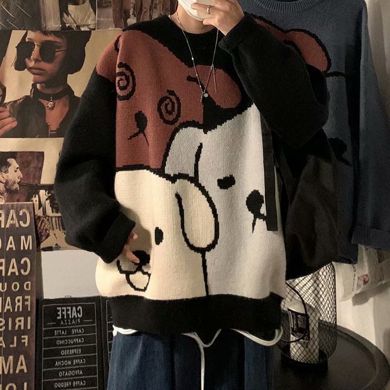 Men's Sweater Korean Style Loose Fit Autumn Winter Thickened Trendy Designer Sweater Ins Lazy Style Knitted Sweater Cartoon Bear Round Neck Wool 
