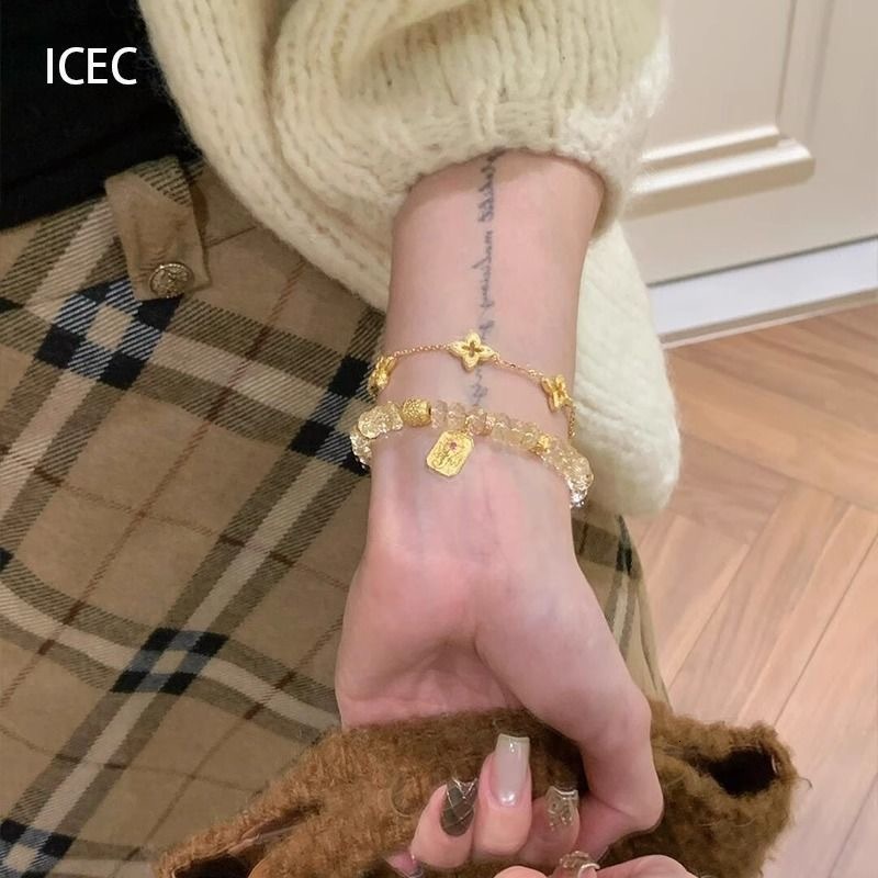 Eight Directions Wealth Vintage Cloth Style Hollow Out Dia Four-Pointed Star Bracelet for Women, Light Thousand Gold Feel Layered Jewelry Z260313