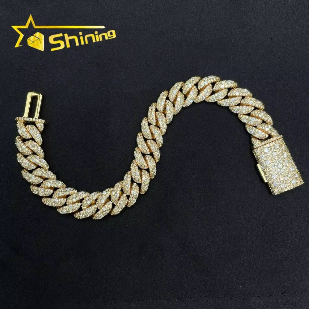 Pass Diamond Tester Hip Hop Jewelry 12mm Solid 925 Silver Box Clasp Mosaic Setting Iced Out Men VVS Moissanite Cuban Bracelet