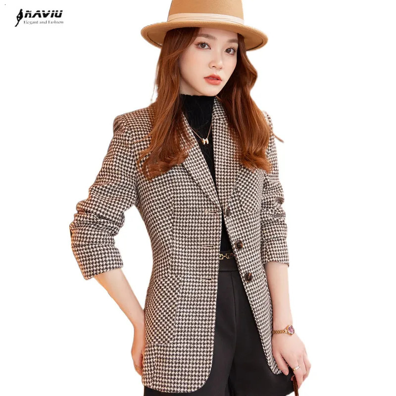 Coffee Plaid Blazer Women Tempeament Wool Long Sleeve Fashion Slim Jacket Office Ladies Work Coat Gray Tops 251027