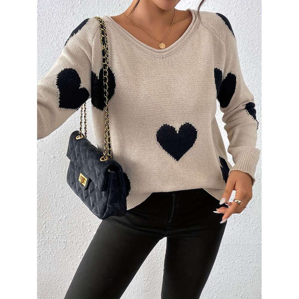 New Spring Autumn Stylish Casual Elegant V-Neck Pullover With Heart Jacquard Contrasting Colors, A Youthful And Chic Women's Knitted Long-Sleeve 