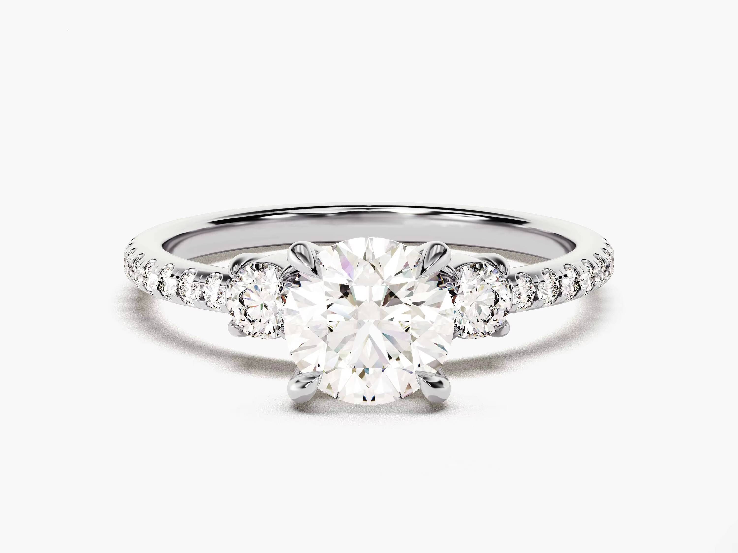 14k 18k Round Cut Diamond Engagement Ring with Side Stones Three Stone Promise Lab Diamond Ring