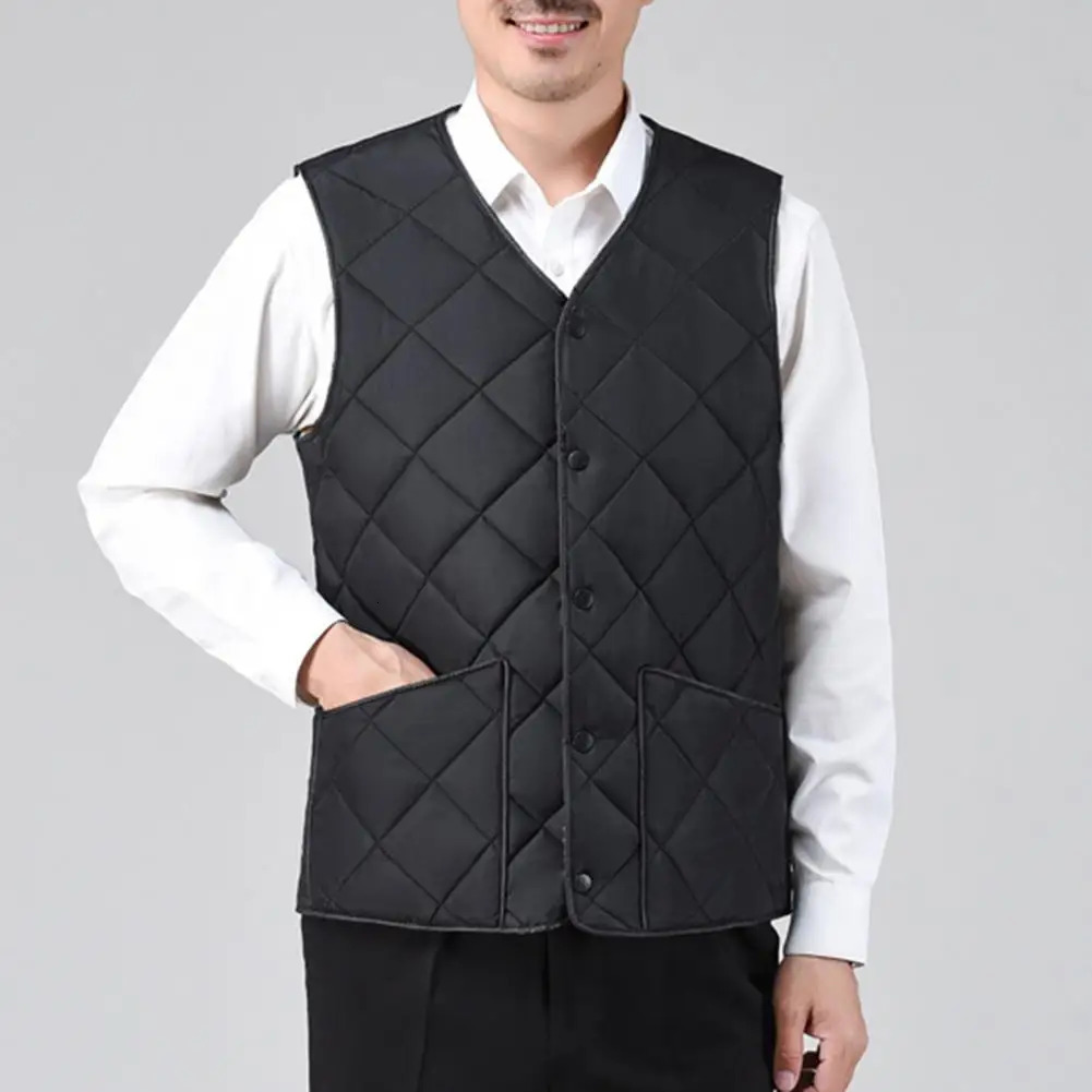 Winter Warm Vest Mens Vneck Down Padding Vest with Button Closure Coldproof Sleeveless Jacket Autumn Winter Solid Color 251024