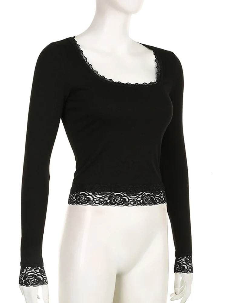 2000s Graphic T Shirt Vintage Fairy Grunge Women Autumn Lace Trim Long Sleeve Slim Fits Tops y2k Clothes Basic Harajuku Tees 251027