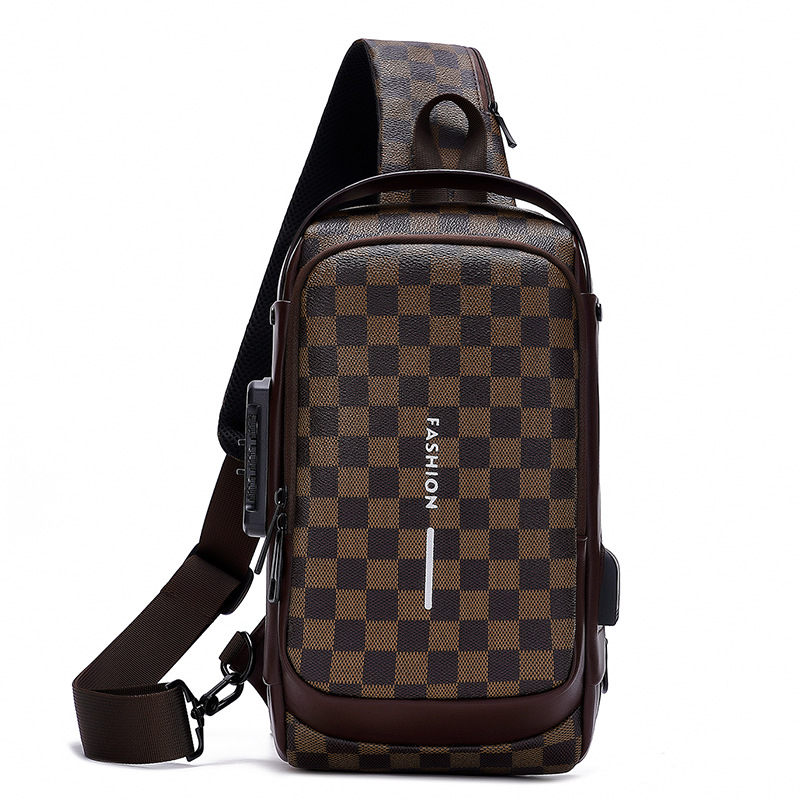Anti-Theft Chest Bag Motorcycle Code Lock Men'S Shoulder Bag Fashion Plaid Leisure Sports Multi-Function Crossbody Bag 2025