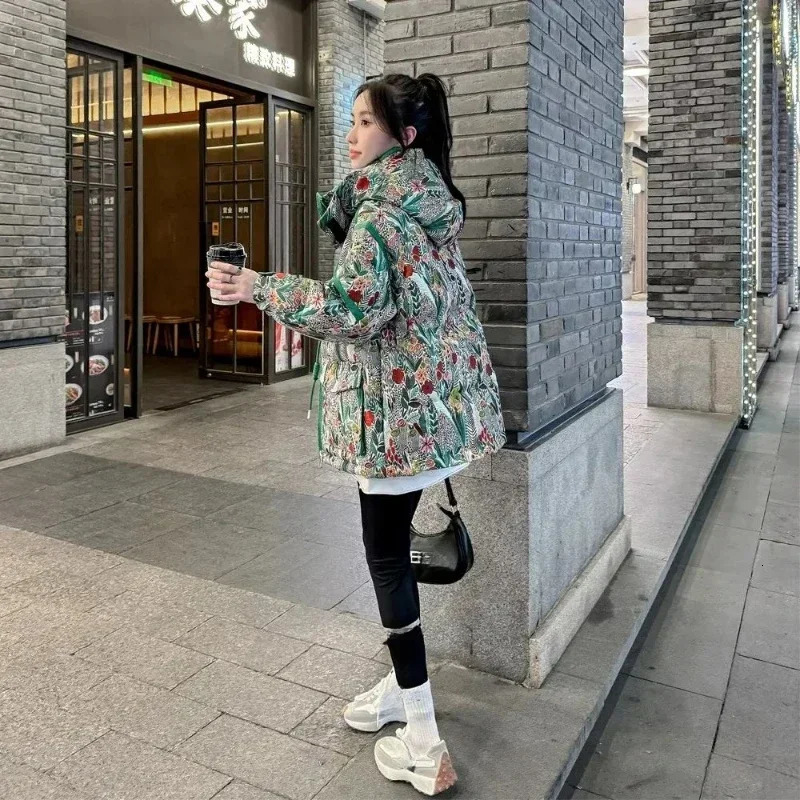 Fashion Zipper Hooded Short Printed European Goods Down Cottonpadded Womens Winter Thick Warm Green Coat 251027