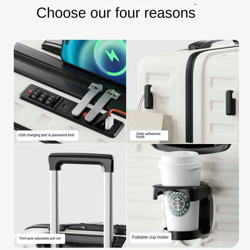 2025 New FrontOpening Suitcase 20 inch Cabin Luggage 28 inch Large Capacity Suitcase Travel Luggage Cup Holder W251027