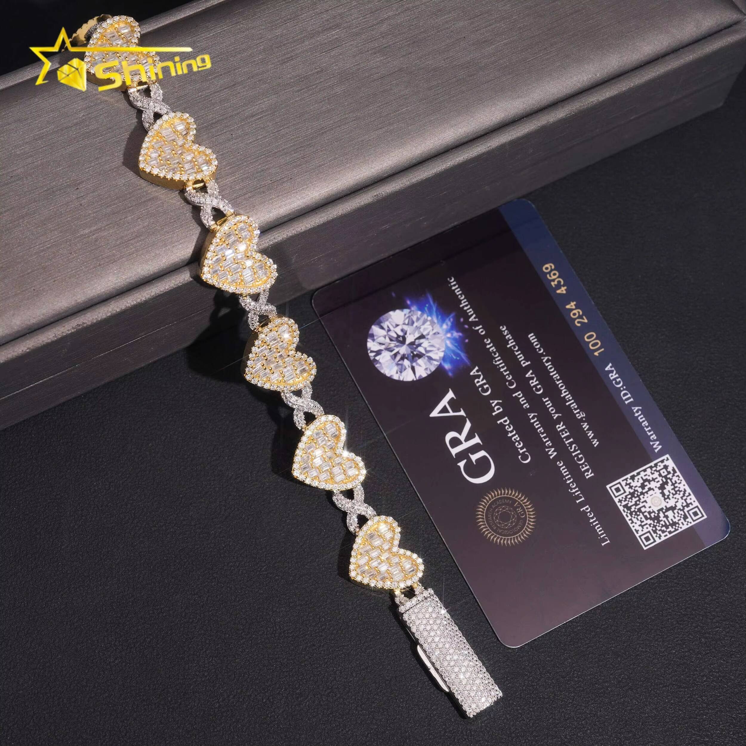 Bling Jewelry 925 Silver Hip Hop Two Tone 14mm Heart Iced Out GRA Certified Moissanite Bracelet
