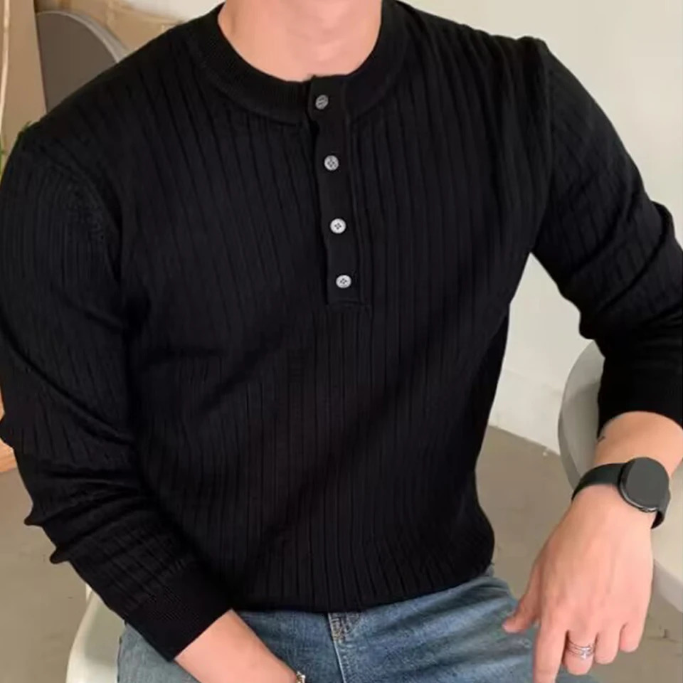 Men Winter Half Turtleneck Button Neck Long Sleeve Sweater Top Knitwear Pullover Causal Fashion Solid Color Tops 251016