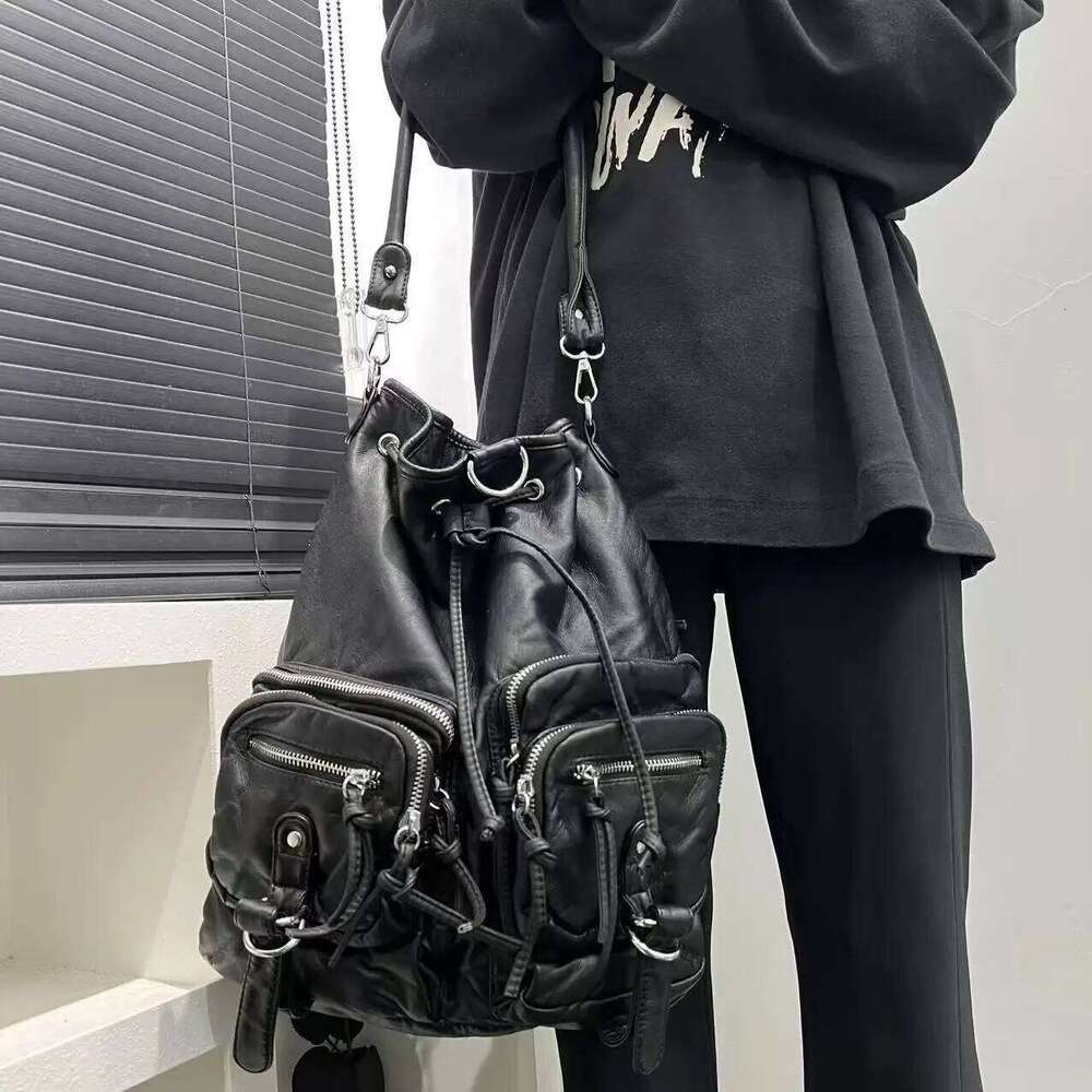 Ladies' Fashion Y2k Street Spicy Girl Backpack Large Capacity Aging Multi Functional Pure Leather Retro Shoulder Bag