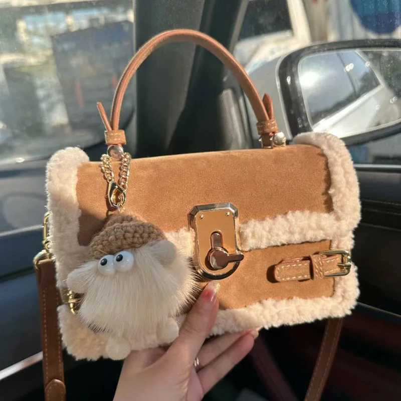 Faux Suede Splicing Plush Edge Handbag Autumn Winter New Style AllInOne Senior Patchwork Crossbody Bags Suede Commuter Bag Y251027