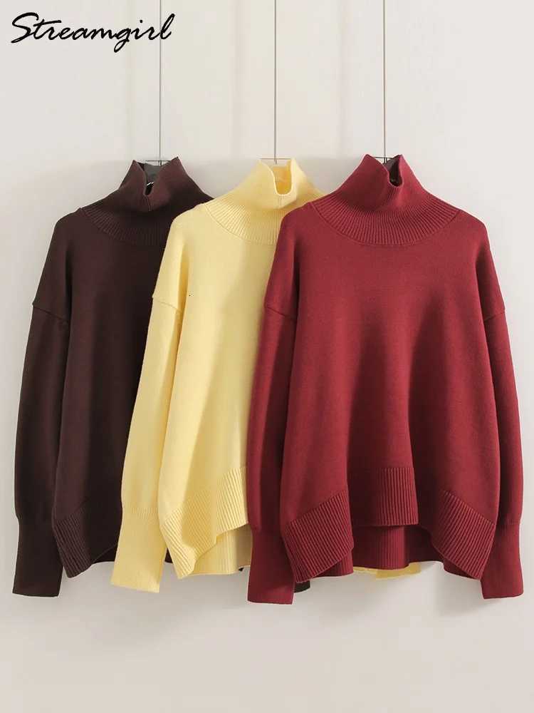 Brown Turtleneck Sweater Women Pullovers Autumn Oversized Butter Yellow Sweaters Thick Turtle Neck Knit Baggy Sweater For LadiesT251027