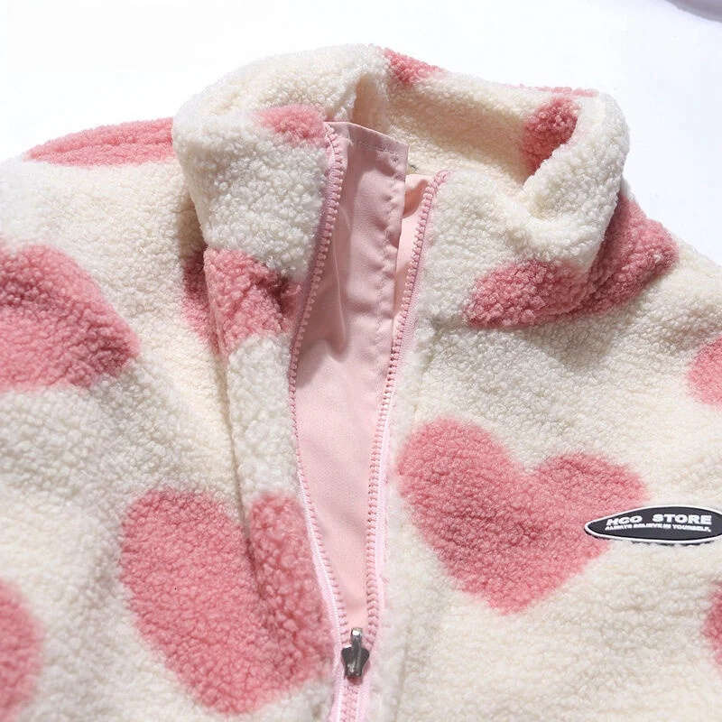 Women Double-Sided Lamb Fur Plush Coat Couple Loose Heart Print Love Padded Jackets Casual Zipper Winter Stand Up Collar Outwear