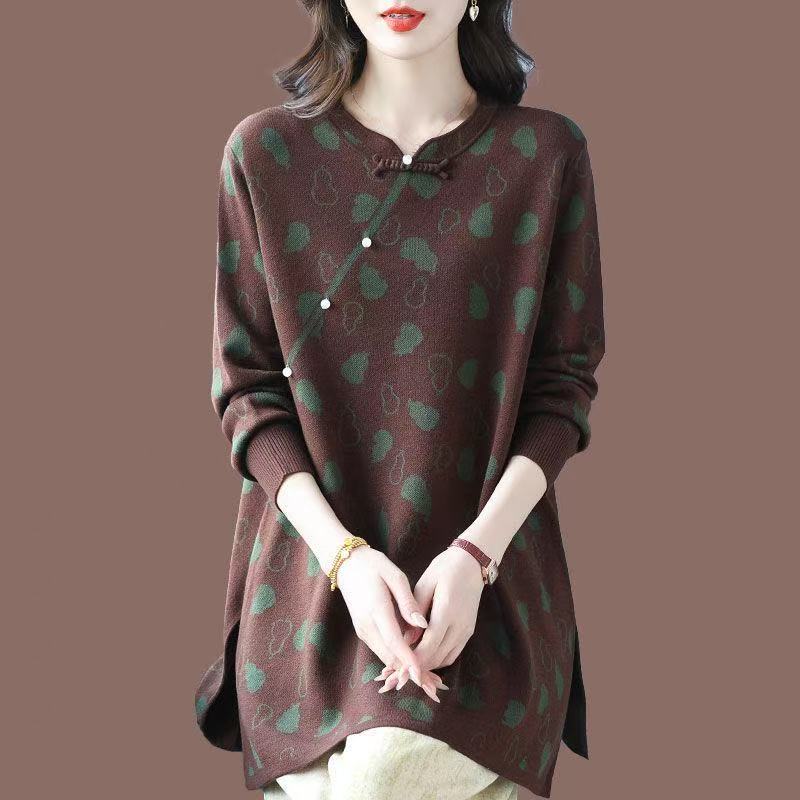 plus size women's new long sleeve high waist printed banquet dress mid-length skirt D02764