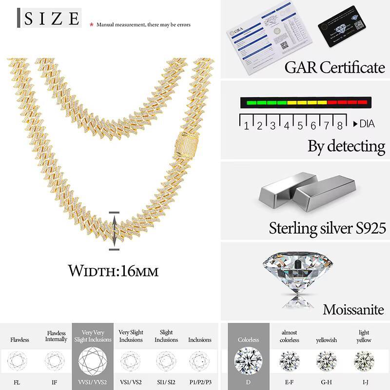 Pass Diamond Tester 16mm 925 Sterling Silver VVS Moissanite Diamond Iced Out Thorn Miami Cuban Link Chain Necklace for Men