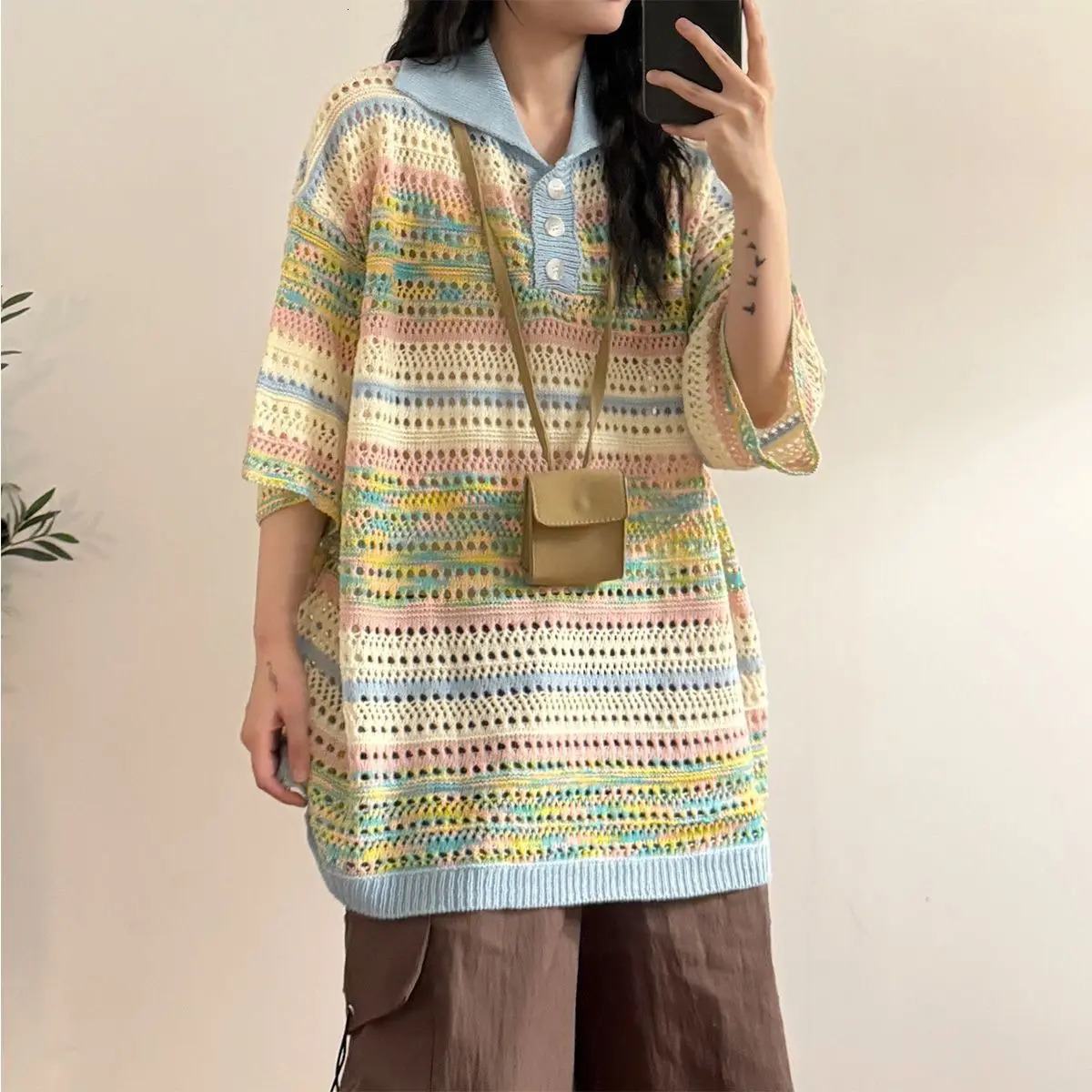 Female Tee Baggy Striped Stripe Gradient Womens Polo Shirts Korean Clothing Fashion 2025 Original Synthetic Youth Tshirts 251027