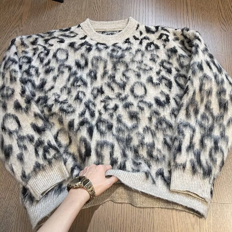 American High Street Leopard Print Sweater For Designer Sweater Men And Women Loose And Lazy Style Cool Street Hip-hop Style Warm Round Neck Knitted S