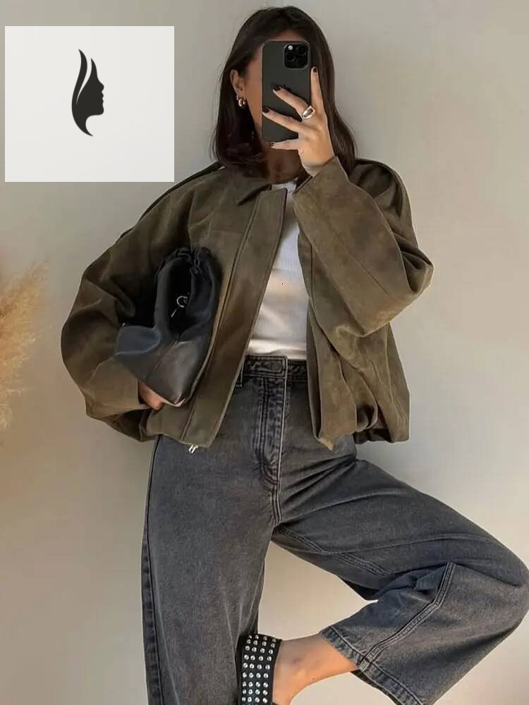 winter jacket women Women Brown Green Suede Jacket Loose Casual Bomber Coat Lapel Zipper Long Sleeve Jackets Vintage Lady Motorcycle Outwears