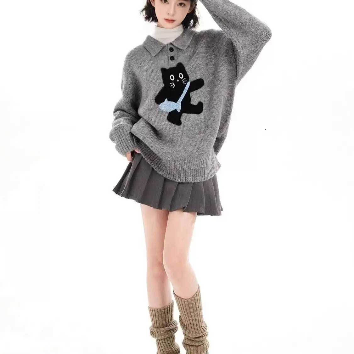 Gray Polo Cat Sweater Women Winter Knit Pullover with Collar Y2K Oversized Lazy Style Top Thickened Plush Crewneck Feline PT251027