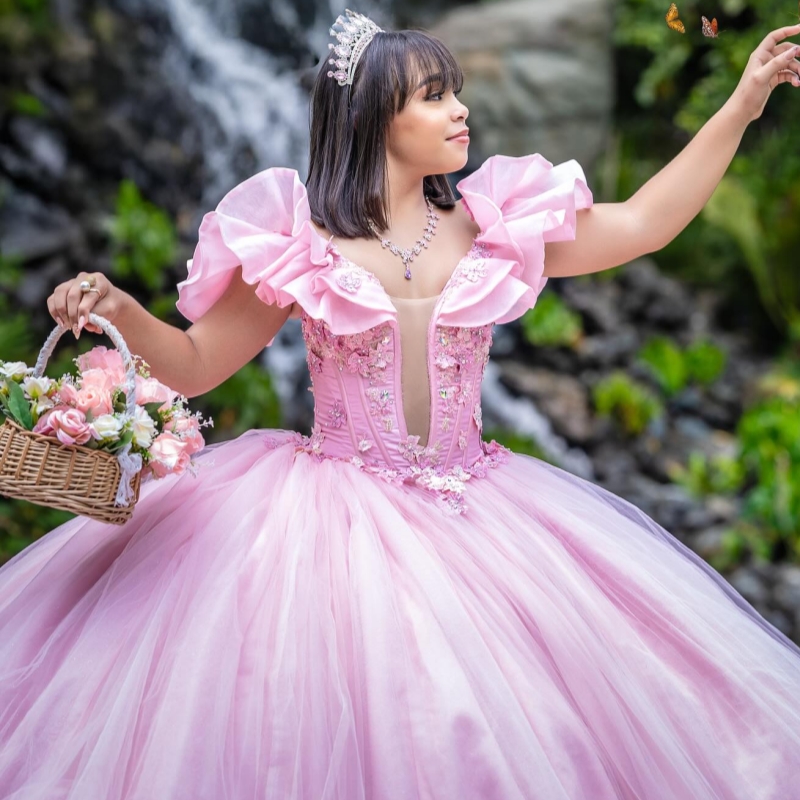 Pink Shiny Quinceanera Dresses Off The Shoulder Applique Lace Beads Tiered Tull Party Birthday Sweet 16 Dress Vestidos 15 De Anos