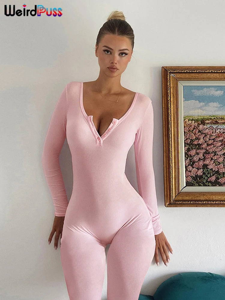 Weird Puss Fitness Button LowNeck Casual Jumpsuit Women Autumn Fashion Ribbed Stretch Full Sleeve Basic BodyShaping Overalls 251027