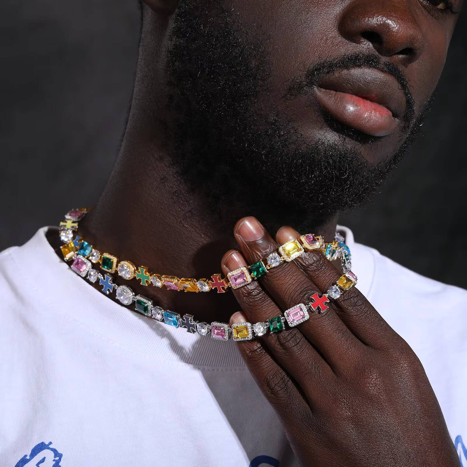 Gorgeous Mixed Gemstone Cross Tennis Chain 5A CZ Enamel Gem 18K Gold Plated Vintage Multi Colored Jewelry Necklace for Women Men