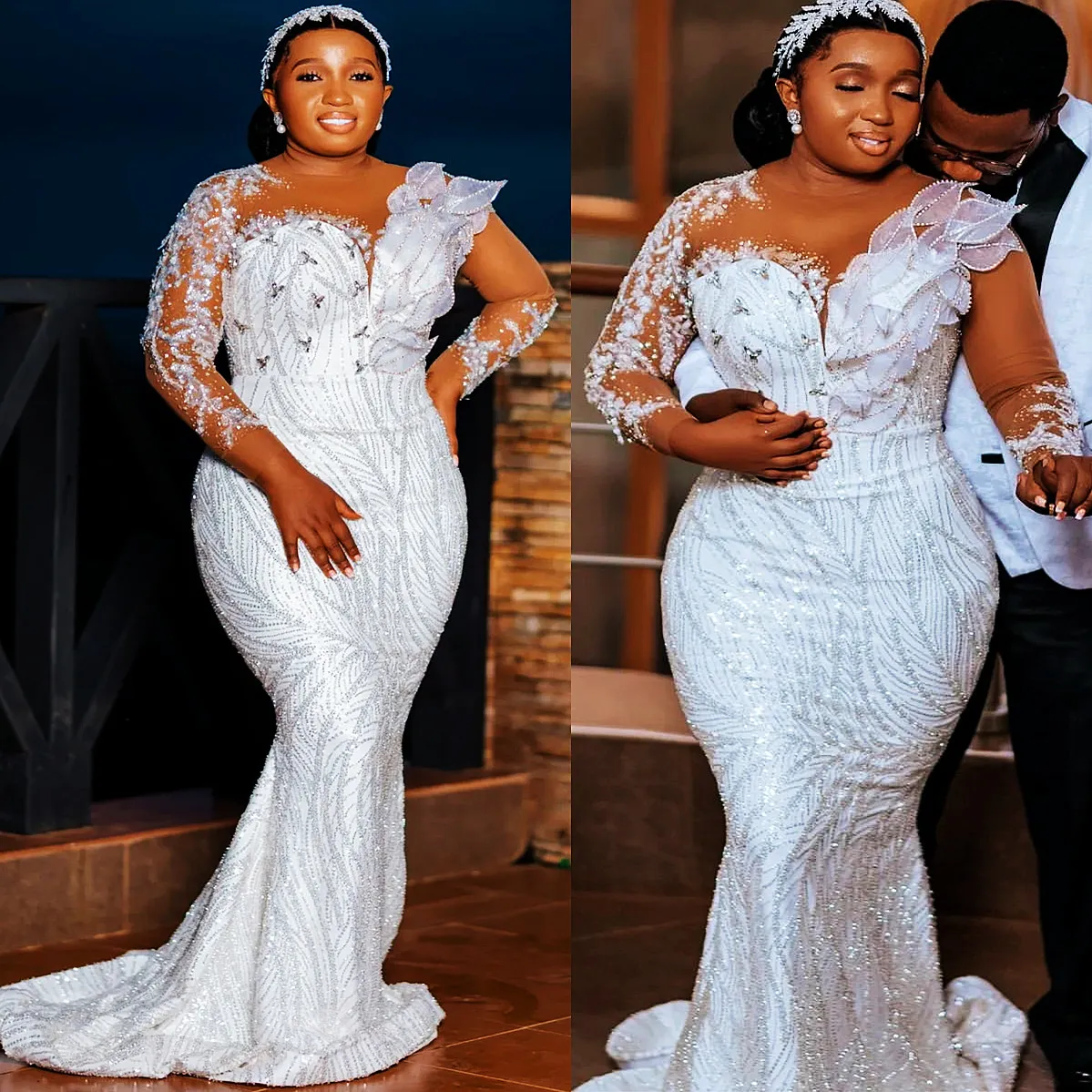 Aso Ebi Mermaid Wedding Dress in White with Florals Beaded Crystals Sequined Lace and Stunning Design