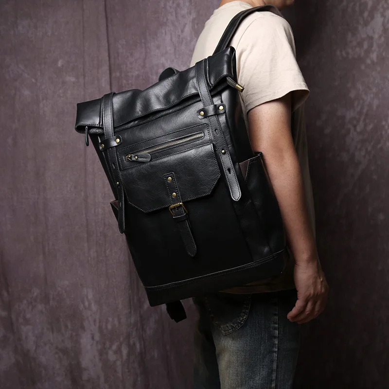 JLFGPJ Mens Large Capacity Backpack Sports Style Genuine Leather Bag with 16inch Computer Compartment Top Cowhide n 251021