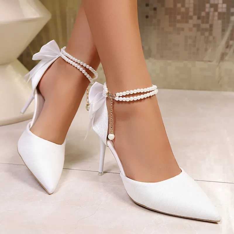 2025 New Wedding Heels Women Luxury Brand Design String Bead Pearls High Heels Ladies Sexy Elegant Pointed Toe White Black PumpsXJ251027