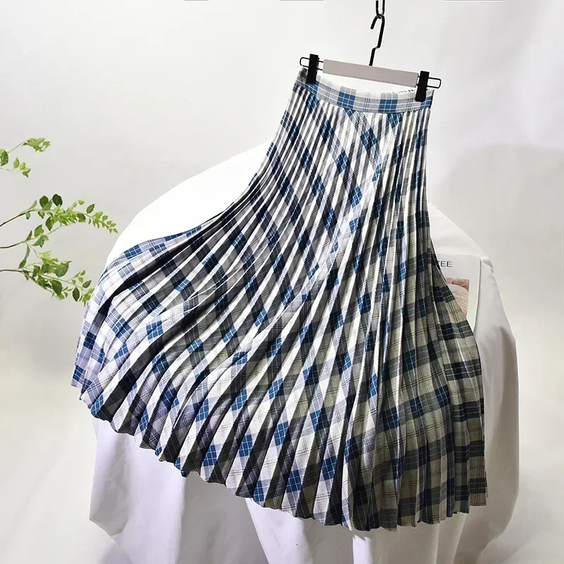 Looks Thin Pleated Skirt High Waist Aline Midlength Big Size Plaid Long Length 7590cm 251027