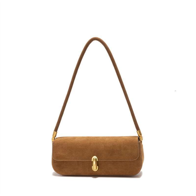 2025 Stylish Suede Shoulder Bag - Chic Baguette Design With Golden-Tone Lock Closure, Light Brown/Red, PU Material, Polyester Lining, Perfect For Casu