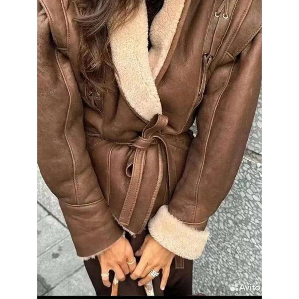 Leather Women's With Belt Fur Coat Streetwear Fashion Solid Outwear Woman Elegant Jackets Chaqueta De Cuero Para Mujer
