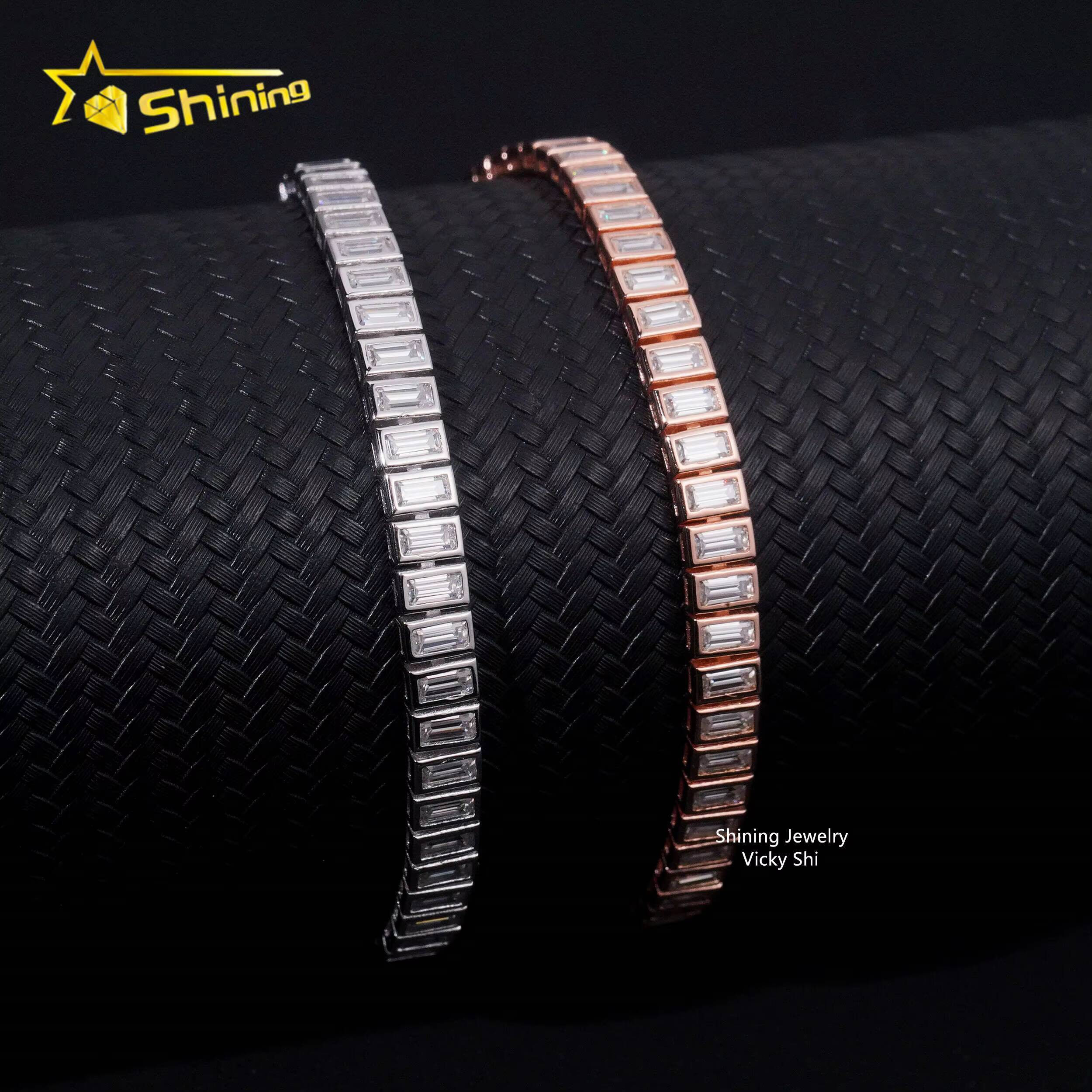 New Trendy Design Fine Jewelry Women Bracelet 925 Sterling Silver Bezel Emerald Cut Moissanite Tennis Chain Bracelet