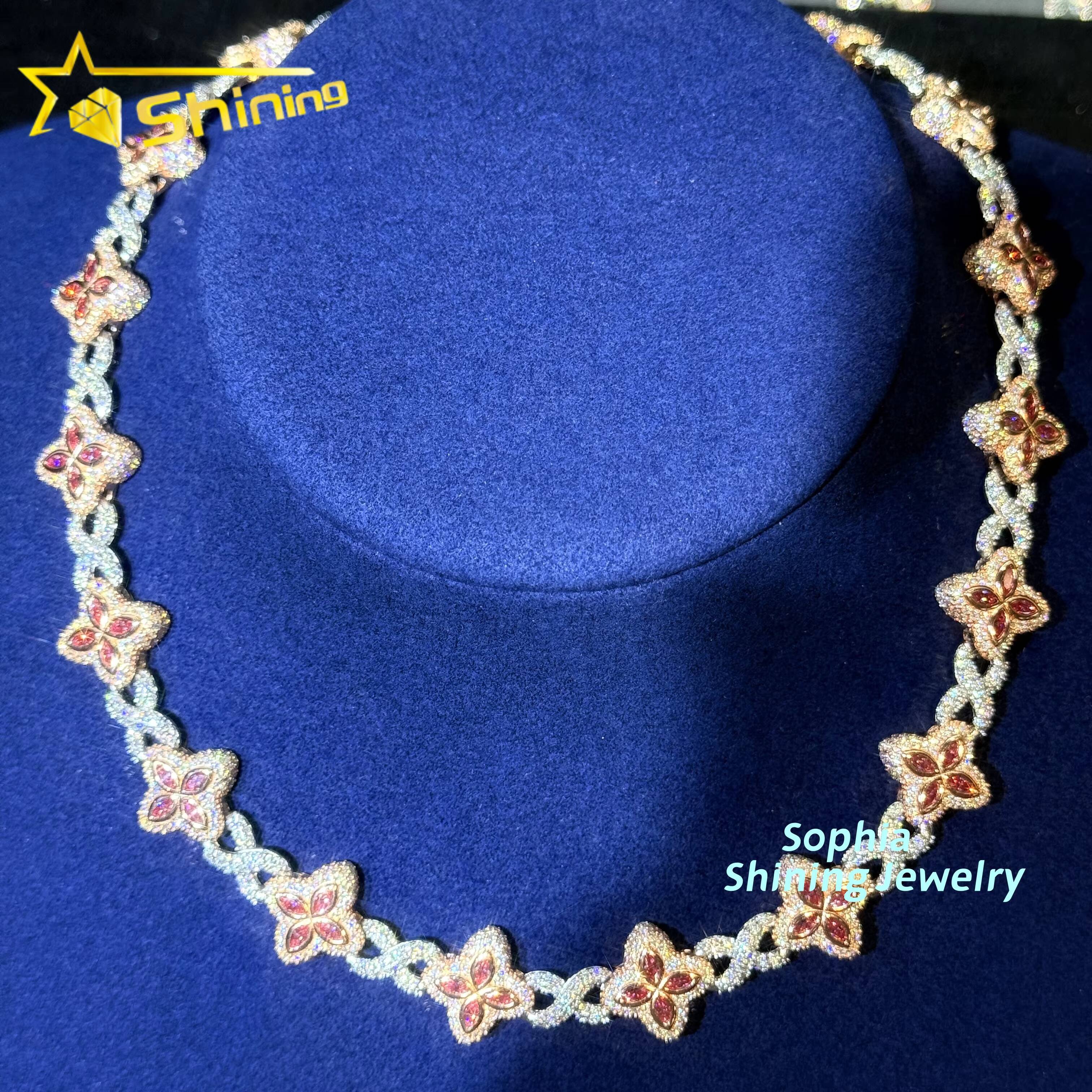 Unique Hip Hop Jewelry 15mm Fashion Clover Design VVS Pink Moissanite Diamond Custom 925 Silver Iced Out Infinity Cuban Chain