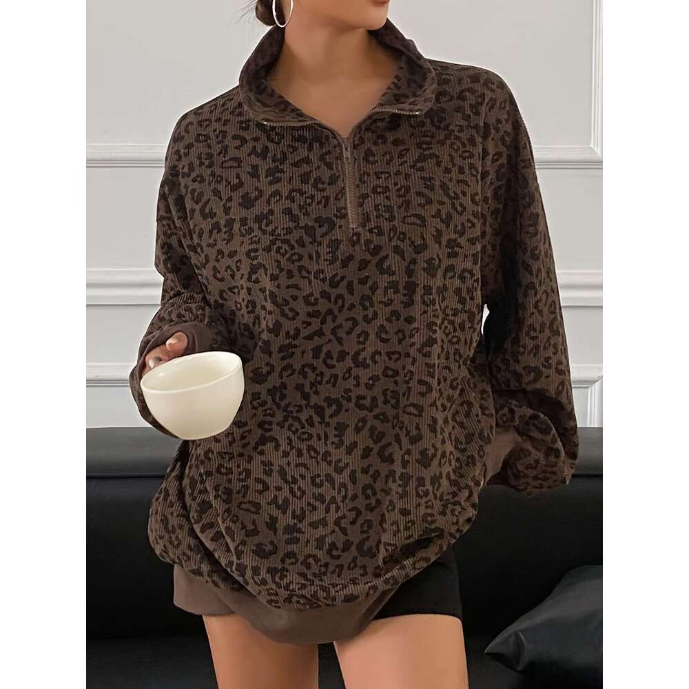 Women's Casual Zip-Up Long Sleeve Sweatshirt - Loose Fit, Half-Zip Design, Brown & Black Retro Style, Cozy Fall/Winter Wear, Leopard Print Sweate