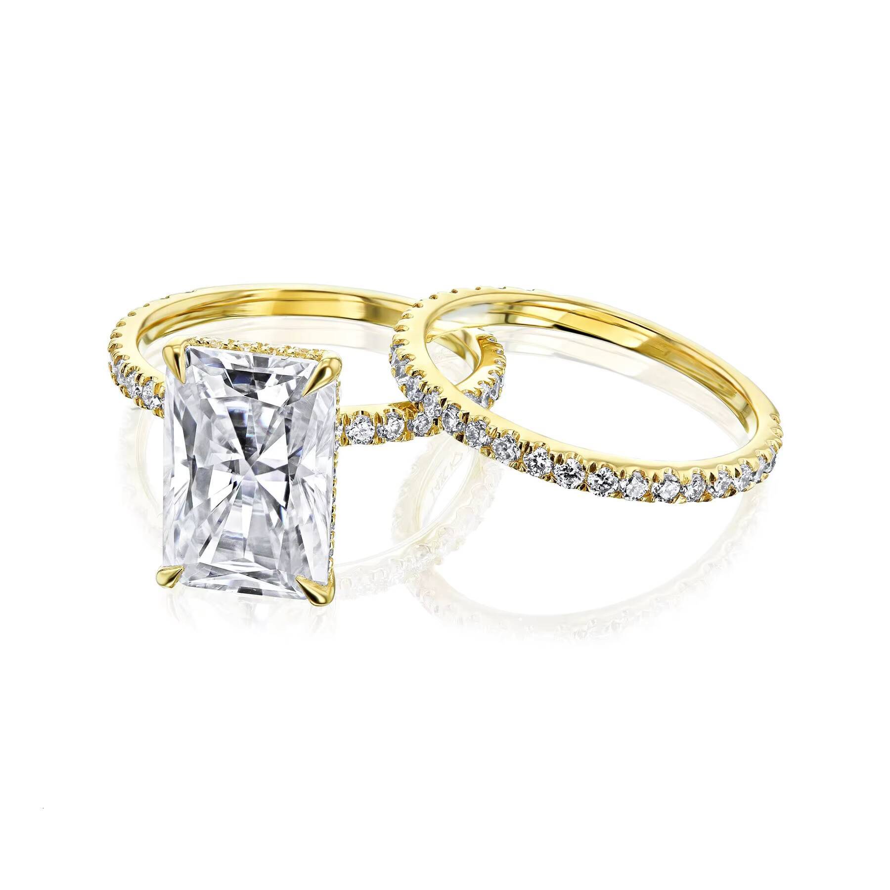 Luster Custom Hidden Halo 9k10k14k18k Gold Moissanite Band 45ct Radiant Cut Moissanite Wedding Ring Sets for Women