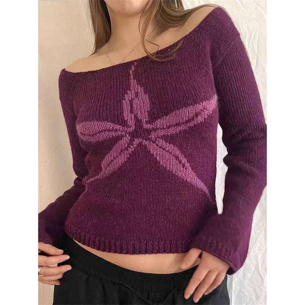 Women's Knit Tops Off Shoulder Slim Sweater Graphic Print Long Sleeve Knitwear Spring Fall Y2k Aesthetic Streetwear Women Sweater Designer Sweate