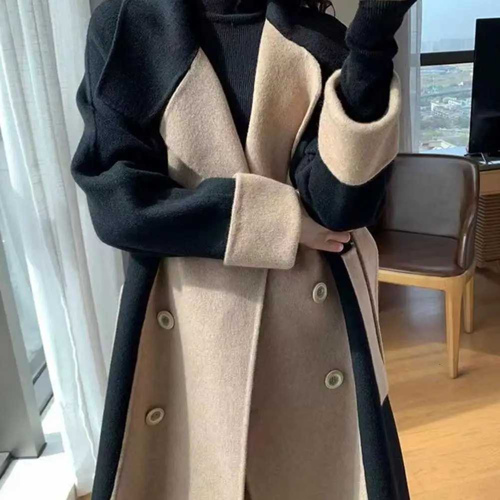 Doublebreasted Woolen Coat With Belt Elegant Autumnwinter Slimming Mid Length Color Blocked Women Windbreaker Woolen Coat M251027