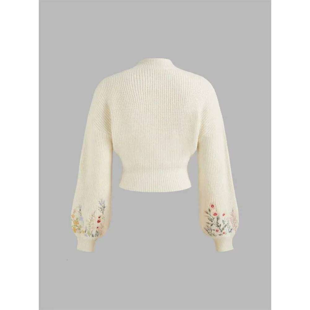 Casual Floral Embroidery Lantern Long Sleeve For Women Autumn Winter Elegant Mock Neck Cropped Knit Sweater Pullover Top Women Sweater Designer Sweate