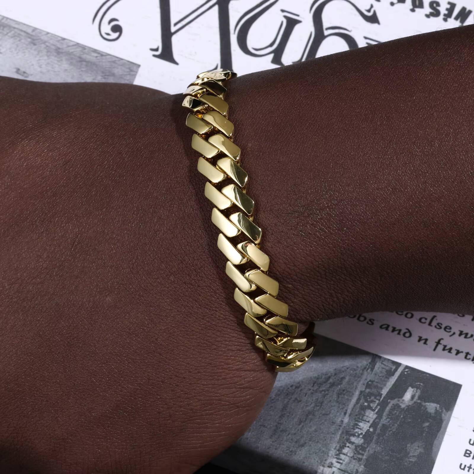 EDGE Plain Lock Monaco Chain Mens Bracelet 14K Gold Plated Miami Cuban Link Bracelet Wholesale Hip Hop Jewelry Cadena